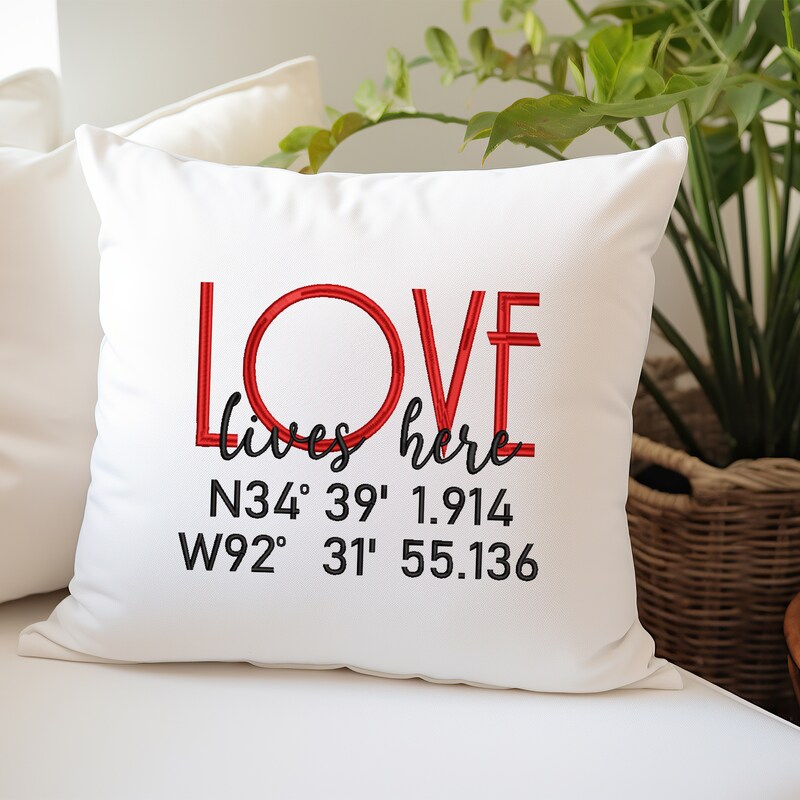 Love Lives Here GPS Coordinates Pillow Cover